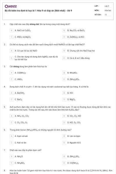 Bộ đề kiểm tra định kì học kì 1 Hóa 9 có đáp án (Mới nhất) - Đề 9