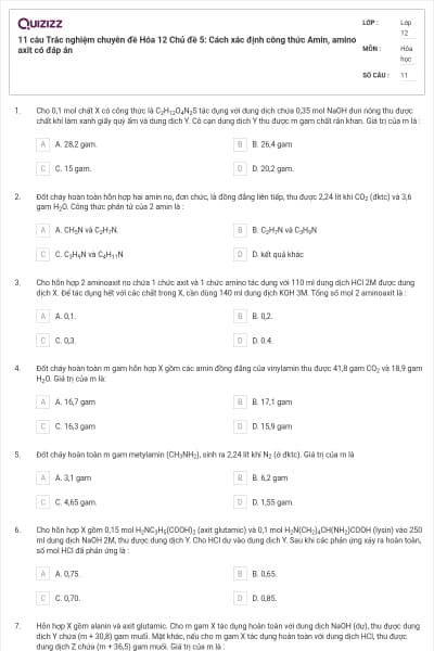 11 câu Trắc nghiệm chuyên đề Hóa 12 Chủ đề 5: Cách xác định công thức Amin, amino axit có đáp án