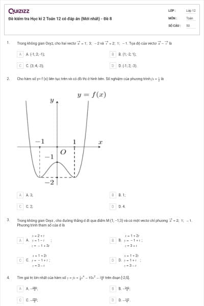 Đề kiểm tra Học kì 2 Toán 12 có đáp án (Mới nhất) - Đề 8