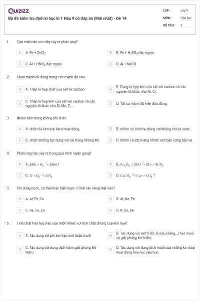 Bộ đề kiểm tra định kì học kì 1 Hóa 9 có đáp án (Mới nhất) - Đề 14