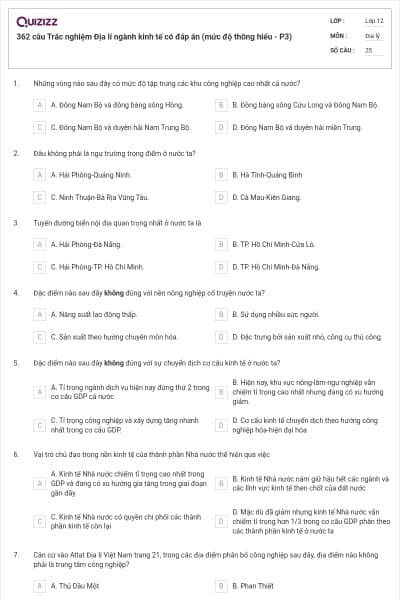 362 câu Trắc nghiệm Địa lí ngành kinh tế có đáp án (mức độ thông hiểu - P3)