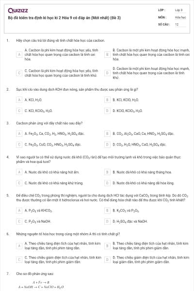 Bộ đề kiểm tra định kì học kì 2 Hóa 9 có đáp án (Mới nhất) (Đề 3)