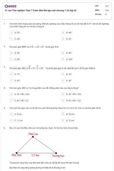 31 câu Trắc nghiệm Toán 7 Cánh diều Bài tập cuối chương 7 có đáp án