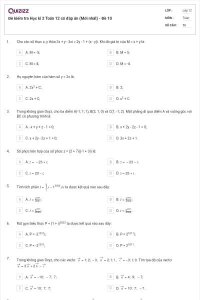 Đề kiểm tra Học kì 2 Toán 12 có đáp án (Mới nhất) - Đề 10