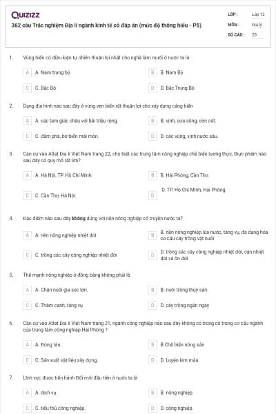 362 câu Trắc nghiệm Địa lí ngành kinh tế có đáp án (mức độ thông hiểu - P5)