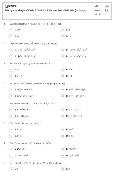 Trắc nghiệm chuyên đề Toán 8 Chủ đề 1: Nhân đơn thức với đa thức (có đáp án)