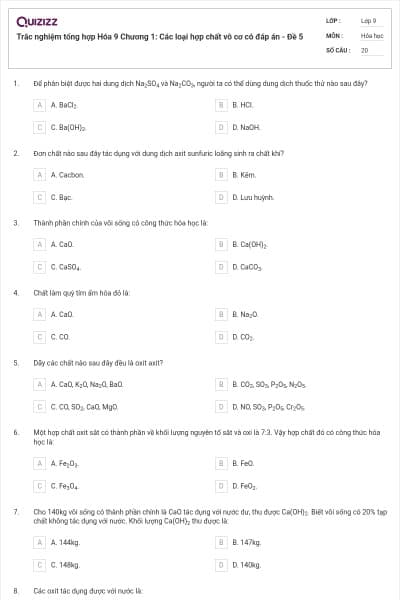 Trắc nghiệm tổng hợp Hóa 9 Chương 1: Các loại hợp chất vô cơ có đáp án - Đề 5
