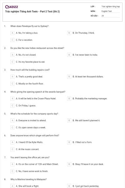 Trắc nghiệm Tiếng Anh Toeic - Part 2 Test (Đề 2)