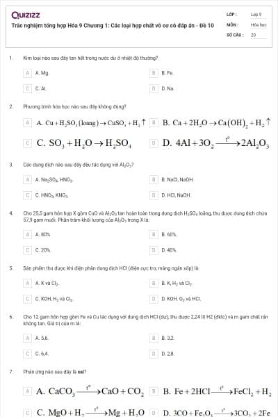 Trắc nghiệm tổng hợp Hóa 9 Chương 1: Các loại hợp chất vô cơ có đáp án - Đề 10
