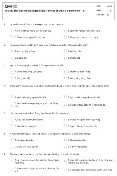 362 câu Trắc nghiệm Địa lí ngành kinh tế có đáp án (mức độ thông hiểu - P8)
