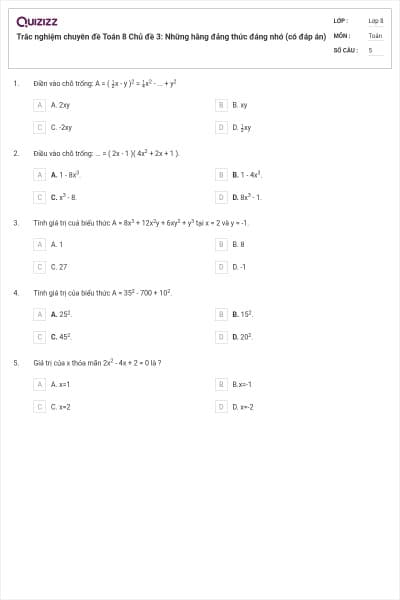 Trắc nghiệm chuyên đề Toán 8 Chủ đề 3: Những hằng đảng thức đáng nhớ (có đáp án)