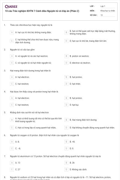 10 câu Trắc nghiệm KHTN 7 Cánh diều Nguyên tử có đáp án (Phần 2)