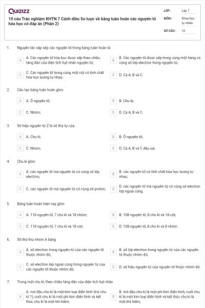 10 câu Trắc nghiệm KHTN 7 Cánh diều Sơ lược về bảng tuần hoàn các nguyên tố hóa học có đáp án (Phần 2)