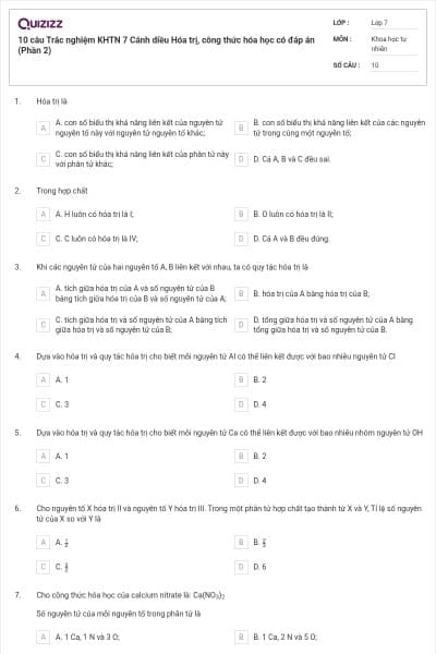 10 câu Trắc nghiệm KHTN 7 Cánh diều Hóa trị, công thức hóa học có đáp án (Phần 2)