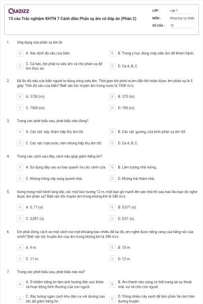15 câu Trắc nghiệm KHTN 7 Cánh diều Phản xạ âm có đáp án (Phần 2)