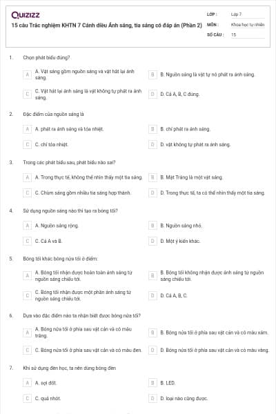 15 câu Trắc nghiệm KHTN 7 Cánh diều Ánh sáng, tia sáng có đáp án (Phần 2)