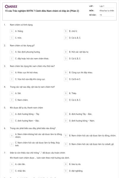 15 câu Trắc nghiệm KHTN 7 Cánh diều Nam châm có đáp án (Phần 2)