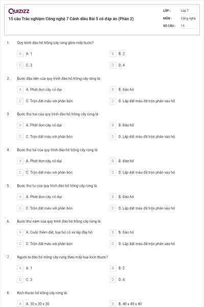 15 câu Trắc nghiệm Công nghệ 7 Cánh diều Bài 5 có đáp án (Phần 2)