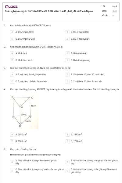Trắc nghiệm chuyên đề Toán 8 Chủ đề 7: Đề kiểm tra 45 phút_ đề số 2 có đáp án