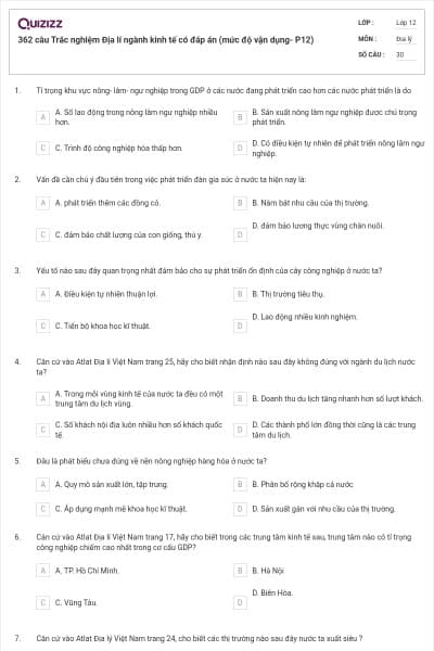 362 câu Trắc nghiệm Địa lí ngành kinh tế có đáp án (mức độ vận dụng- P12)
