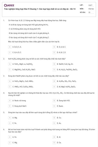 Trắc nghiệm tổng hợp Hóa 9 Chương 1: Các loại hợp chất vô cơ có đáp án - Đề 14