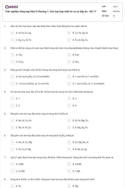 Trắc nghiệm tổng hợp Hóa 9 Chương 1: Các loại hợp chất vô cơ có đáp án - Đề 17