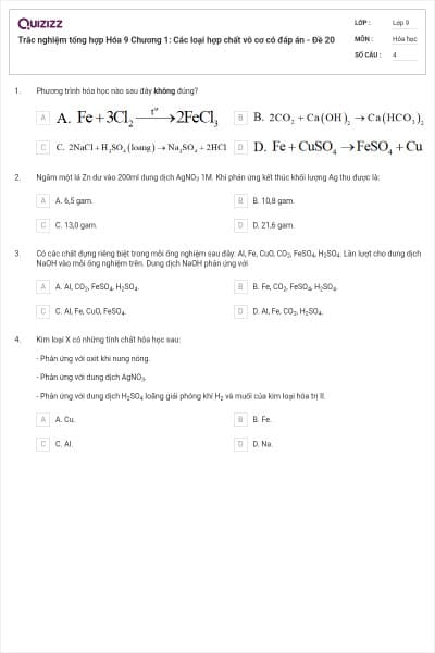 Trắc nghiệm tổng hợp Hóa 9 Chương 1: Các loại hợp chất vô cơ có đáp án - Đề 20
