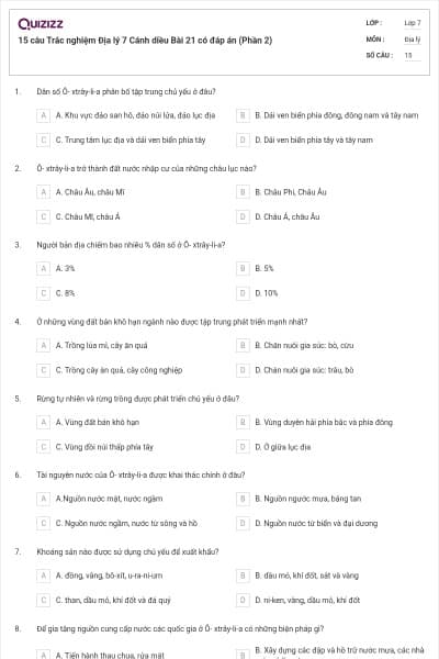 15 câu Trắc nghiệm Địa lý 7 Cánh diều Bài 21 có đáp án (Phần 2)
