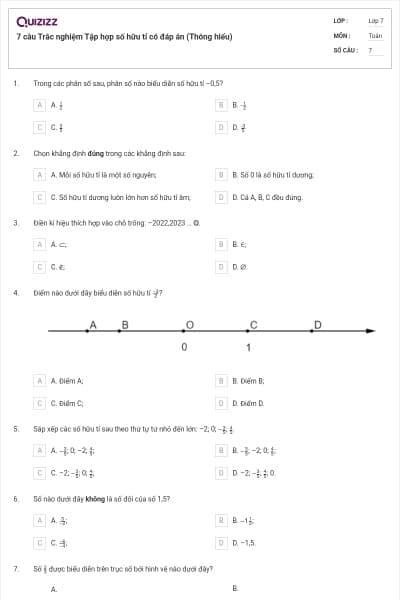 7 câu Trắc nghiệm Tập hợp số hữu tỉ có đáp án (Thông hiểu)