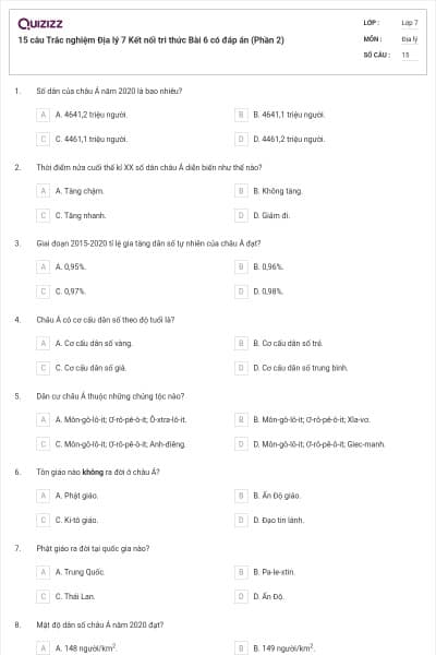 15 câu Trắc nghiệm Địa lý 7 Kết nối tri thức Bài 6 có đáp án (Phần 2)