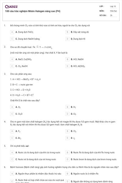 100 câu trắc nghiệm Nhóm Halogen nâng cao (P4)