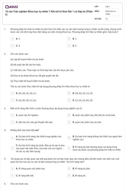 10 câu Trắc nghiệm Khoa học tự nhiên 7 Kết nối tri thức Bài 1 có đáp án (Phần 2)
