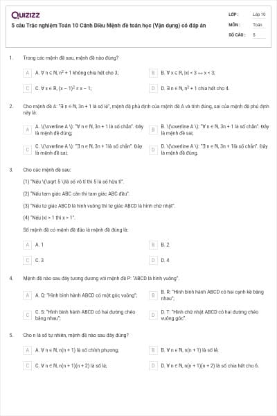 5 câu Trắc nghiệm Toán 10 Cánh Diều Mệnh đề toán học (Vận dụng) có đáp án