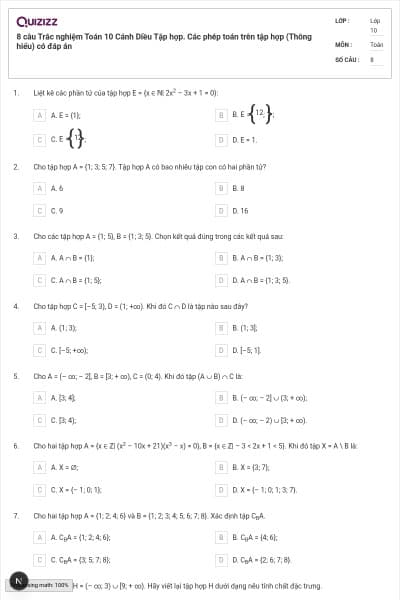 8 câu Trắc nghiệm Toán 10 Cánh Diều Tập hợp. Các phép toán trên tập hợp (Thông hiểu) có đáp án