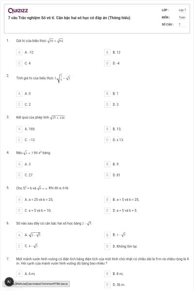 7 câu Trắc nghiệm Số vô tỉ. Căn bậc hai số học có đáp án (Thông hiểu)