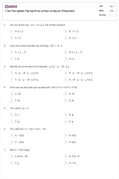 7 câu Trắc nghiệm Tập hợp ℝ các số thực có đáp án (Thông hiểu)