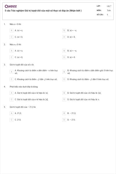 5 câu Trắc nghiệm Giá trị tuyệt đối của một số thực có đáp án (Nhận biết )