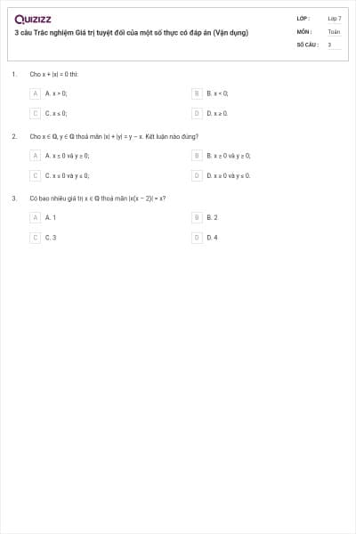 3 câu Trắc nghiệm Giá trị tuyệt đối của một số thực có đáp án (Vận dụng)