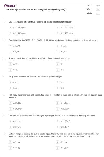 7 câu Trắc nghiệm Làm tròn và ước lượng có đáp án (Thông hiểu)