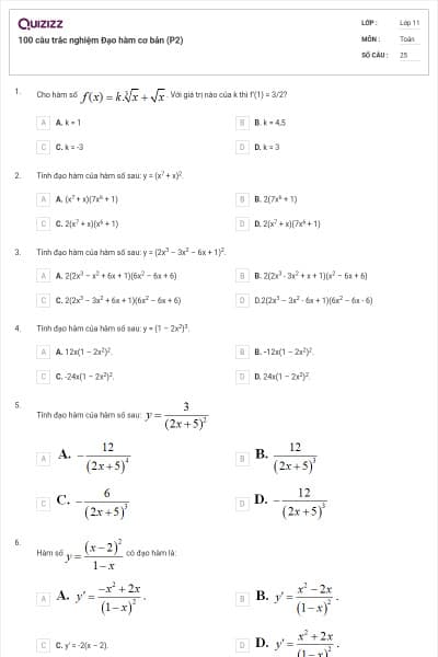 100 câu trắc nghiệm Đạo hàm cơ bản (P2)
