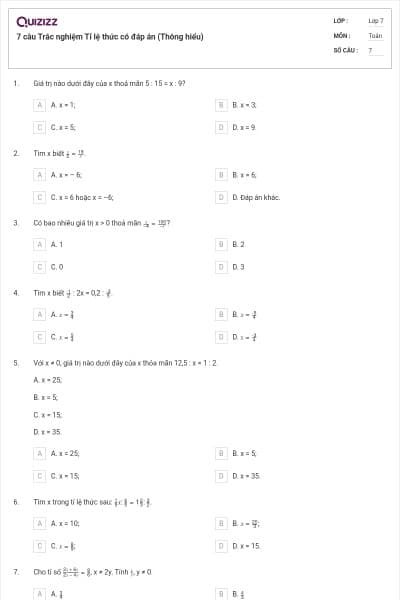 7 câu Trắc nghiệm Tỉ lệ thức có đáp án (Thông hiểu)