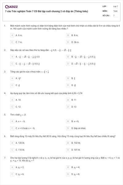 7 câu Trắc nghiệm Toán 7 CD Bài tập cuối chương 2 có đáp án (Thông hiểu)