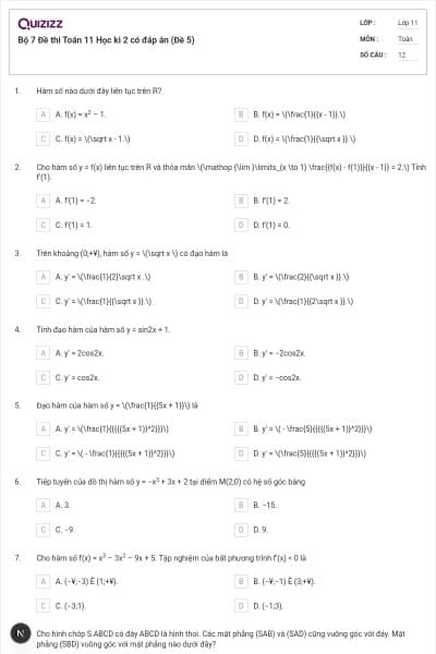 Bộ 7 Đề thi Toán 11 Học kì 2 có đáp án (Đề 5)