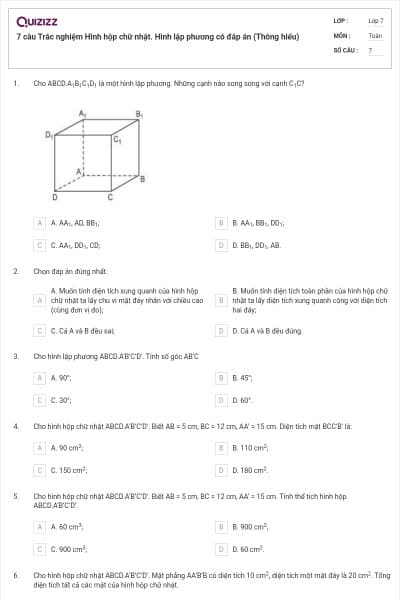 7 câu Trắc nghiệm Hình hộp chữ nhật. Hình lập phương có đáp án (Thông hiểu)