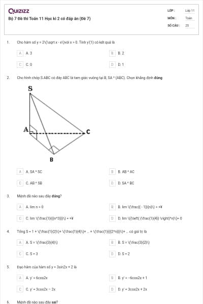 Bộ 7 Đề thi Toán 11 Học kì 2 có đáp án (Đề 7)