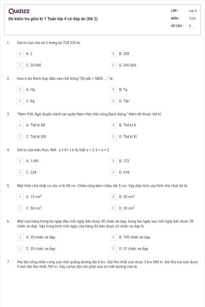 Đề kiểm tra giữa kì 1 Toán lớp 4 có đáp án (Đề 2)