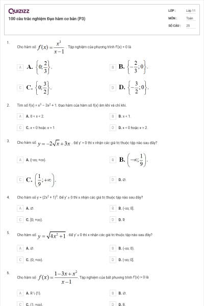 100 câu trắc nghiệm Đạo hàm cơ bản (P3)