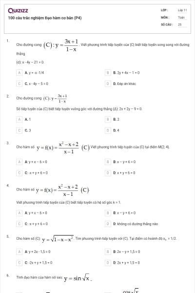 100 câu trắc nghiệm Đạo hàm cơ bản (P4)