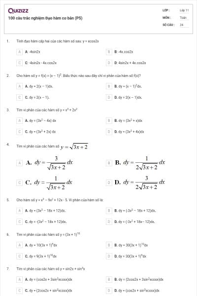 100 câu trắc nghiệm Đạo hàm cơ bản (P5)