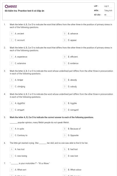 Đề kiểm tra: Practice test 6 có đáp án